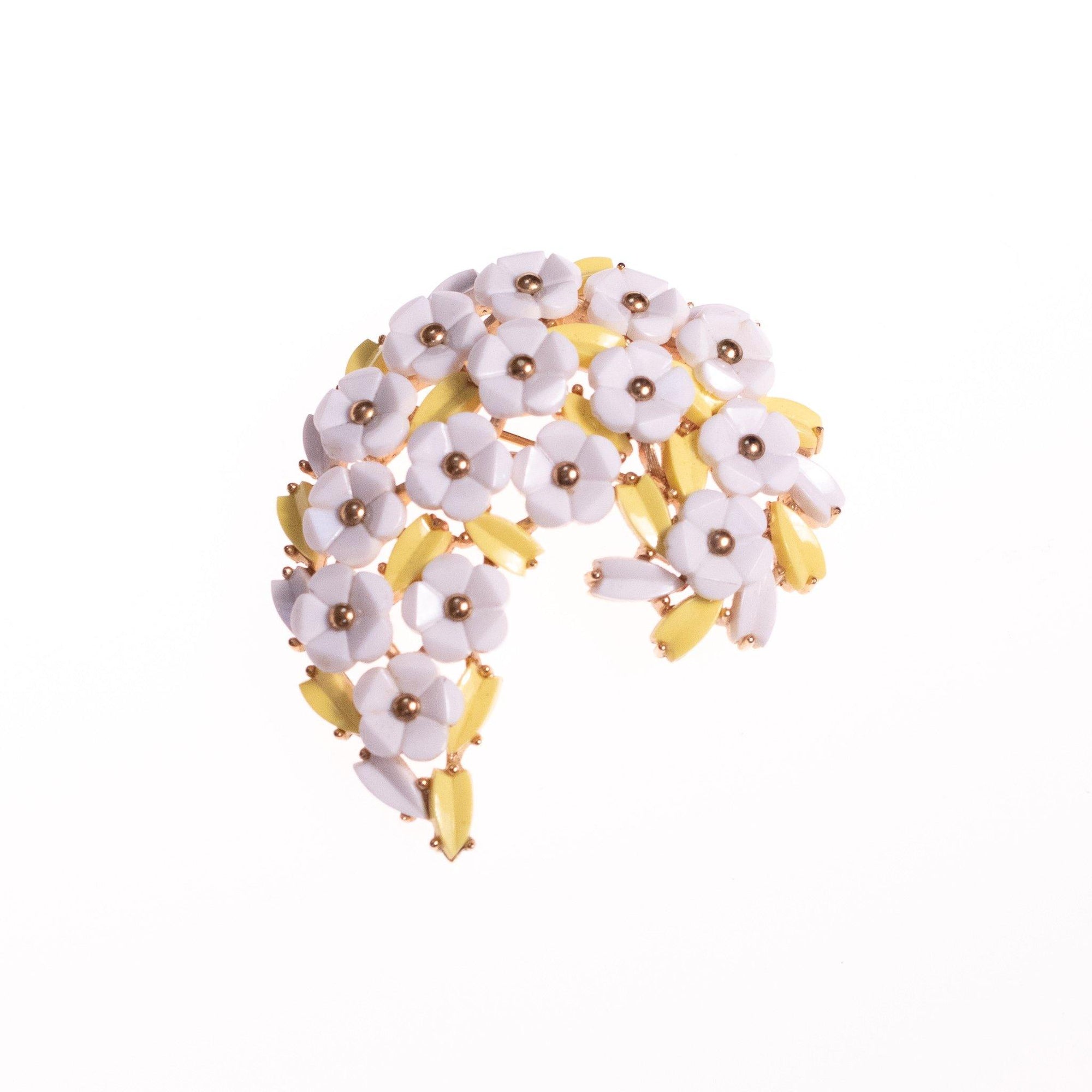 Vintage Crown Trifari White Flower and Yellow Leaf Brooch by Crown Trifari - Vintage Meet Modern Vintage Jewelry - Chicago, Illinois - #oldhollywoodglamour #vintagemeetmodern #designervintage #jewelrybox #antiquejewelry #vintagejewelry