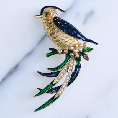Vintage Bird Brooch with Blue Enamel and Rhinestones by Vintage Meet Modern  - Vintage Meet Modern Vintage Jewelry - Chicago, Illinois - #oldhollywoodglamour #vintagemeetmodern #designervintage #jewelrybox #antiquejewelry #vintagejewelry