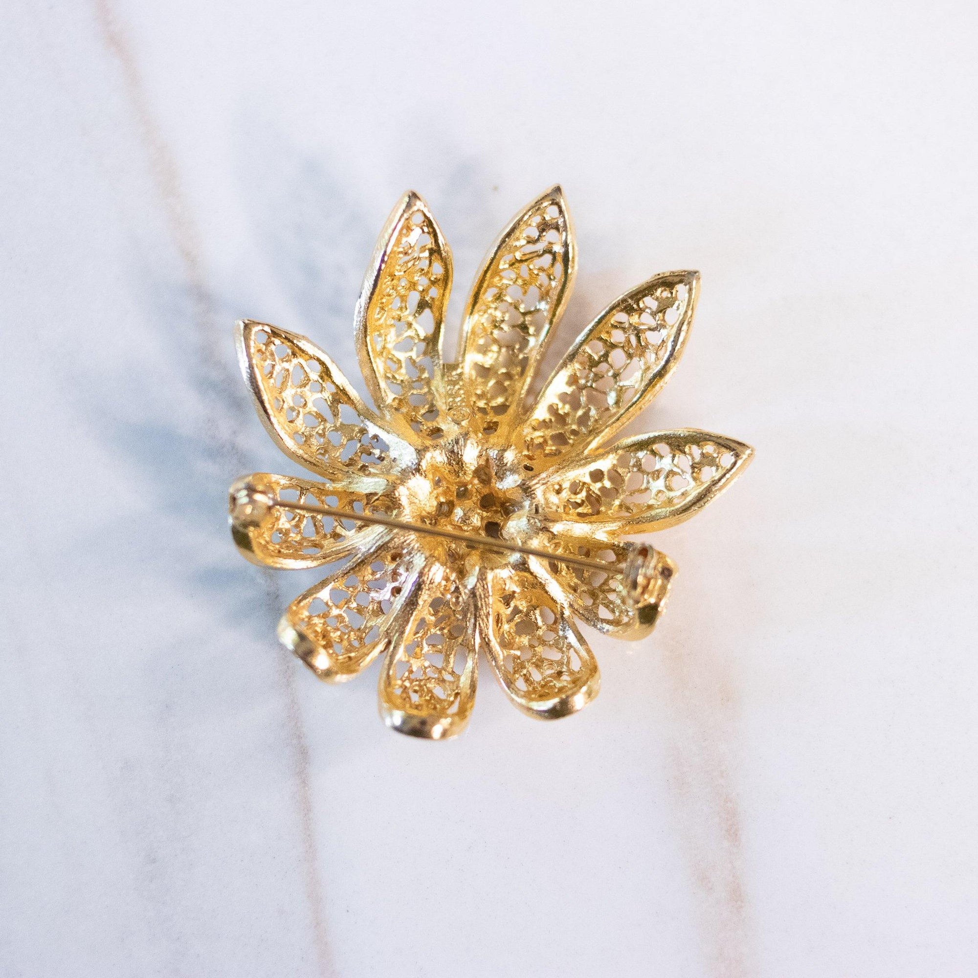 Vintage BSK Gold Flower Brooch with Pink, Green, Blue Pastel Rhinestones and Faux Pearls by BSK - Vintage Meet Modern Vintage Jewelry - Chicago, Illinois - #oldhollywoodglamour #vintagemeetmodern #designervintage #jewelrybox #antiquejewelry #vintagejewelry