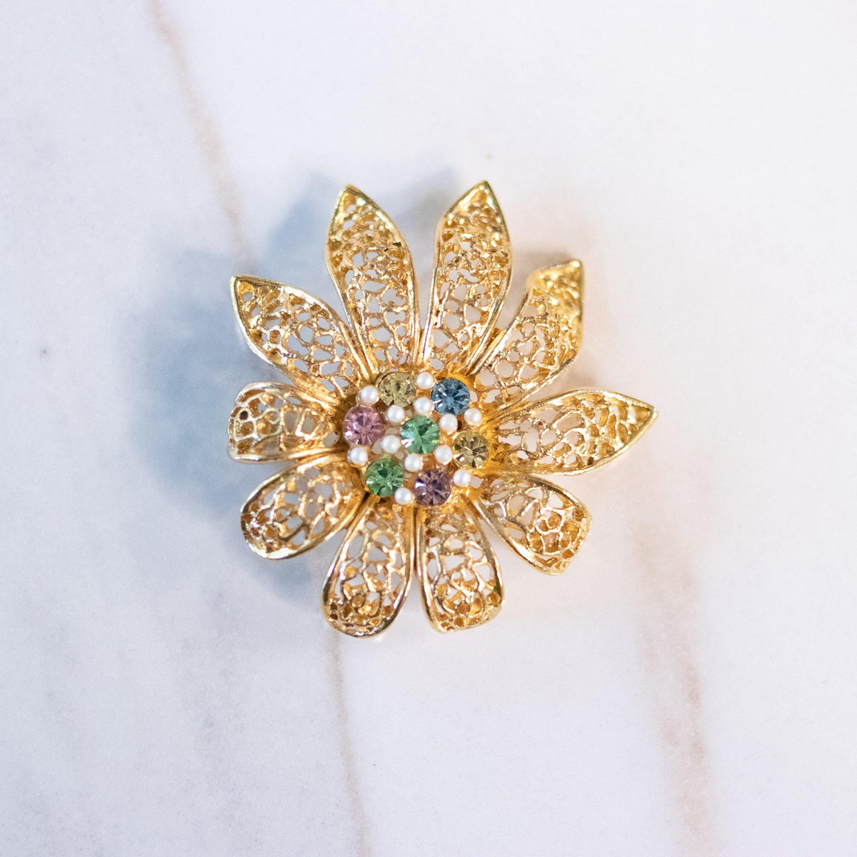 Vintage BSK Gold Flower Brooch with Pink, Green, Blue Pastel Rhinestones and Faux Pearls