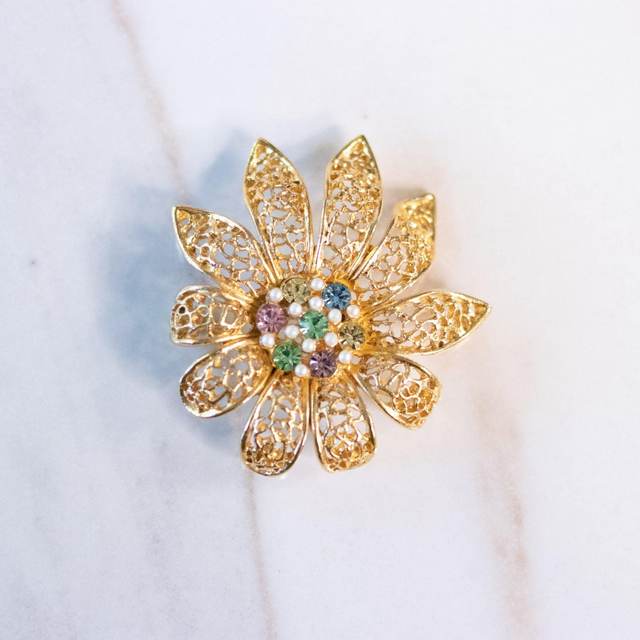Vintage BSK Gold Flower Brooch with Pink, Green, Blue Pastel Rhinestones and Faux Pearls by BSK - Vintage Meet Modern Vintage Jewelry - Chicago, Illinois - #oldhollywoodglamour #vintagemeetmodern #designervintage #jewelrybox #antiquejewelry #vintagejewelry