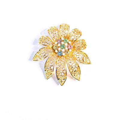 Vintage BSK Gold Flower Brooch with Pink, Green, Blue Pastel Rhinestones and Faux Pearls by BSK - Vintage Meet Modern Vintage Jewelry - Chicago, Illinois - #oldhollywoodglamour #vintagemeetmodern #designervintage #jewelrybox #antiquejewelry #vintagejewelry