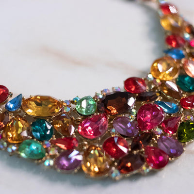 Vintage Colorful Rhinestone Bib Statement Necklace by Unsigned Beauty - Vintage Meet Modern Vintage Jewelry - Chicago, Illinois - #oldhollywoodglamour #vintagemeetmodern #designervintage #jewelrybox #antiquejewelry #vintagejewelry