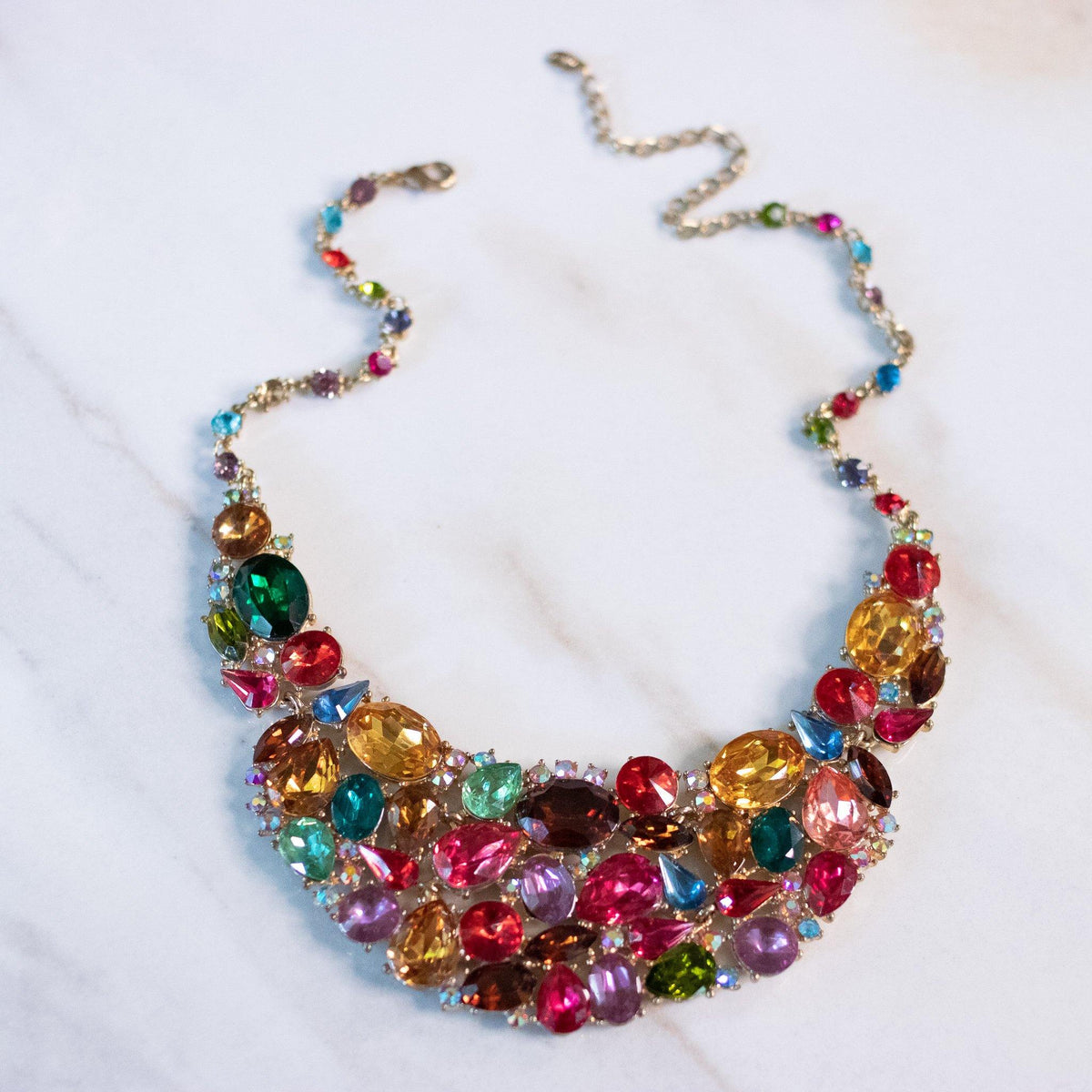 Vintage Colorful Rhinestone Bib Statement Necklace