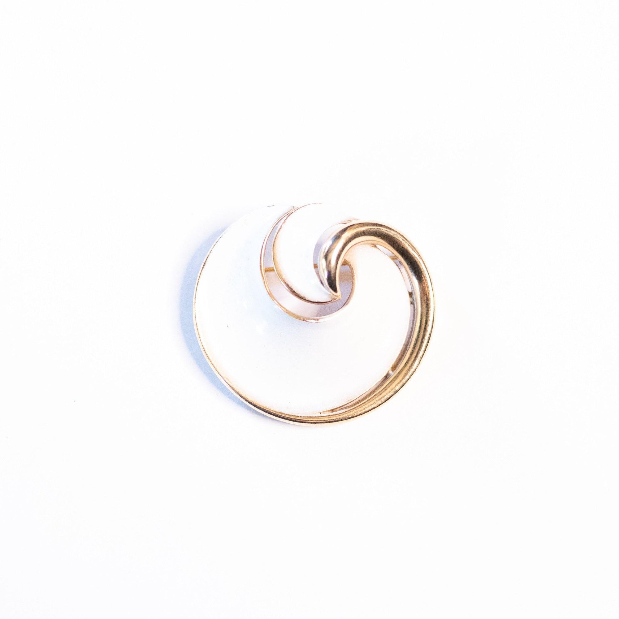 Vintage Crown Trifari White Enamel and Gold Swirl Mid Century Modern Brooch by Crown Trifari - Vintage Meet Modern Vintage Jewelry - Chicago, Illinois - #oldhollywoodglamour #vintagemeetmodern #designervintage #jewelrybox #antiquejewelry #vintagejewelry