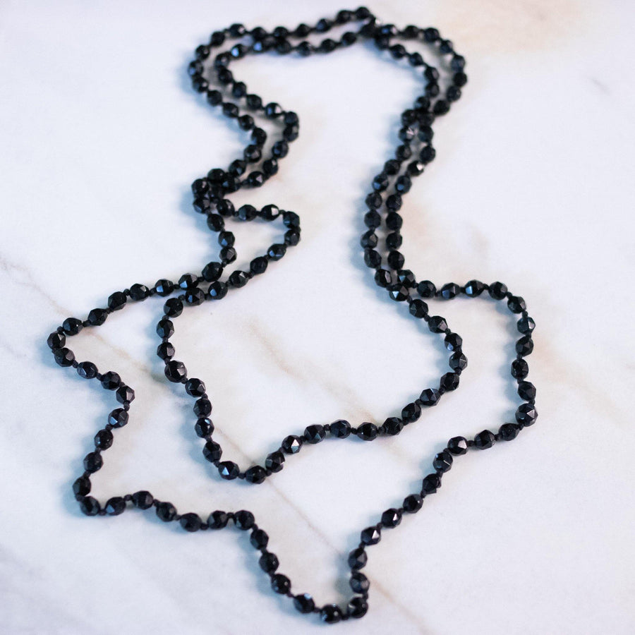 Vintage Czech Hand-Knotted Jet Glass Bead Flapper Necklace by Czech - Vintage Meet Modern Vintage Jewelry - Chicago, Illinois - #oldhollywoodglamour #vintagemeetmodern #designervintage #jewelrybox #antiquejewelry #vintagejewelry
