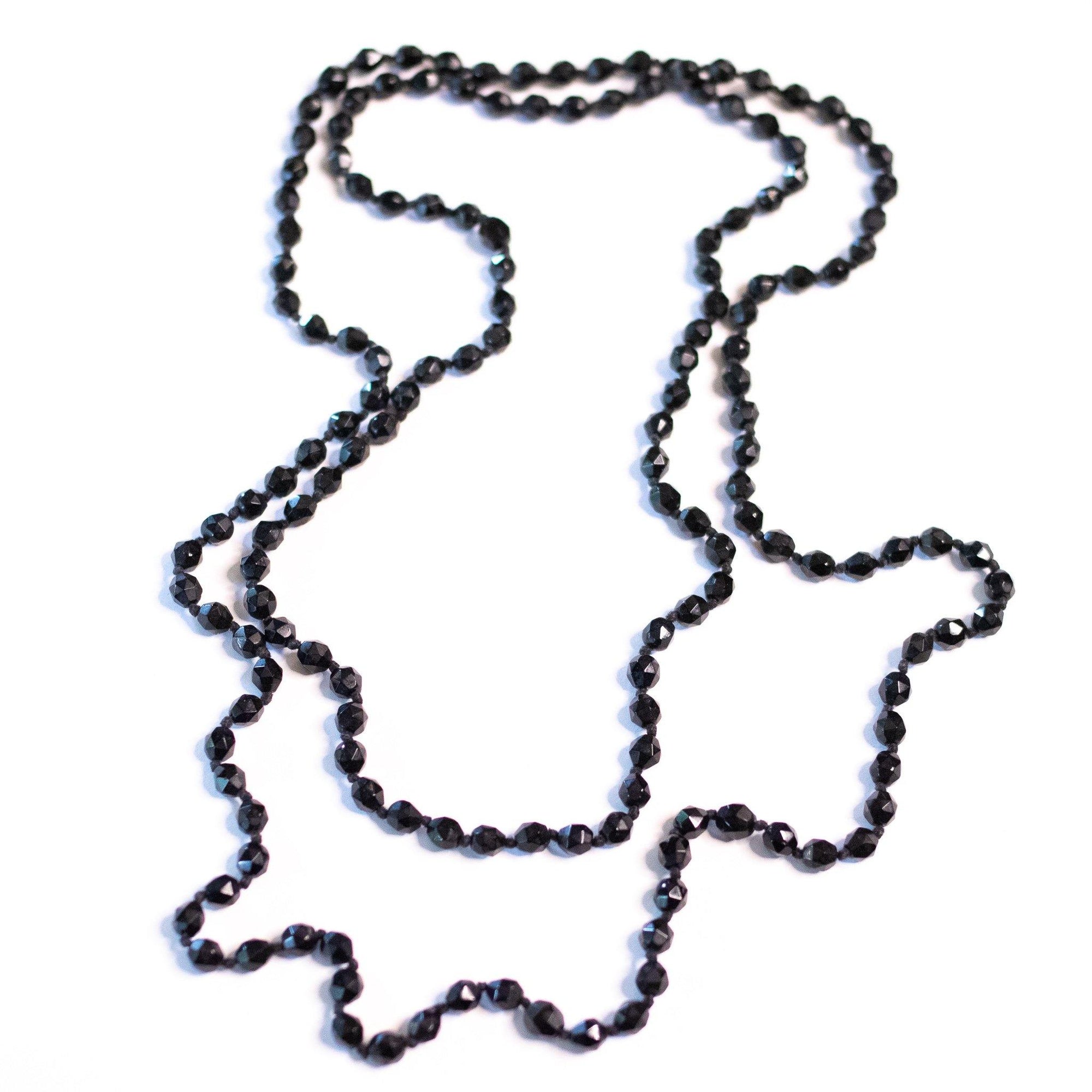 Vintage Czech Hand-Knotted Jet Glass Bead Flapper Necklace by Czech - Vintage Meet Modern Vintage Jewelry - Chicago, Illinois - #oldhollywoodglamour #vintagemeetmodern #designervintage #jewelrybox #antiquejewelry #vintagejewelry