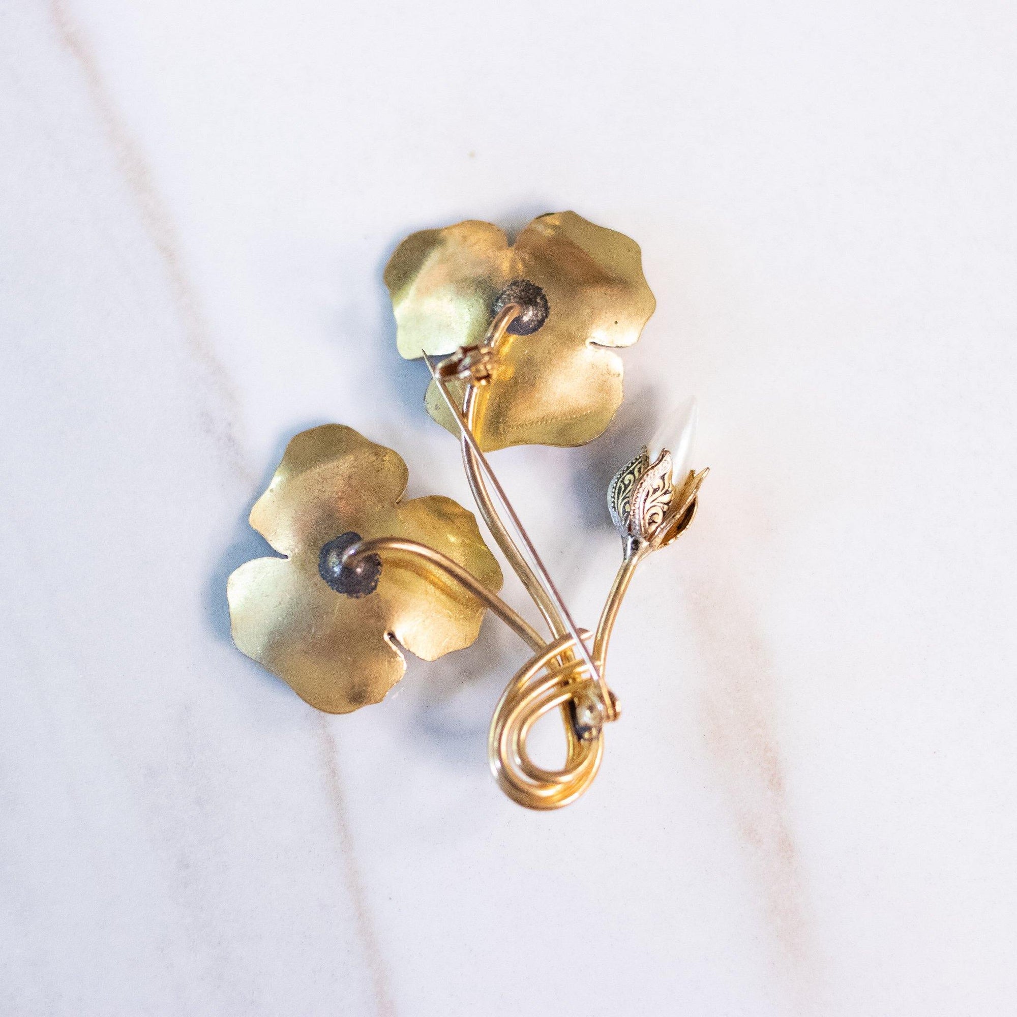 Vintage Damascene Pansy Brooch with Faux Pearls by Made in Spain - Vintage Meet Modern Vintage Jewelry - Chicago, Illinois - #oldhollywoodglamour #vintagemeetmodern #designervintage #jewelrybox #antiquejewelry #vintagejewelry