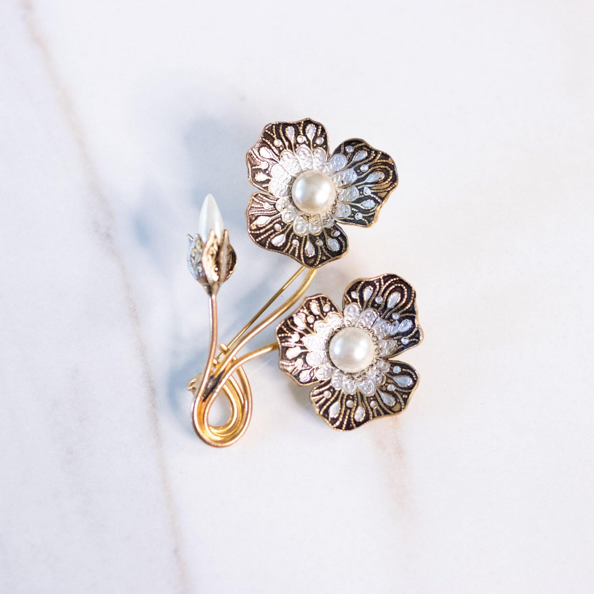 Vintage Damascene Pansy Brooch with Faux Pearls