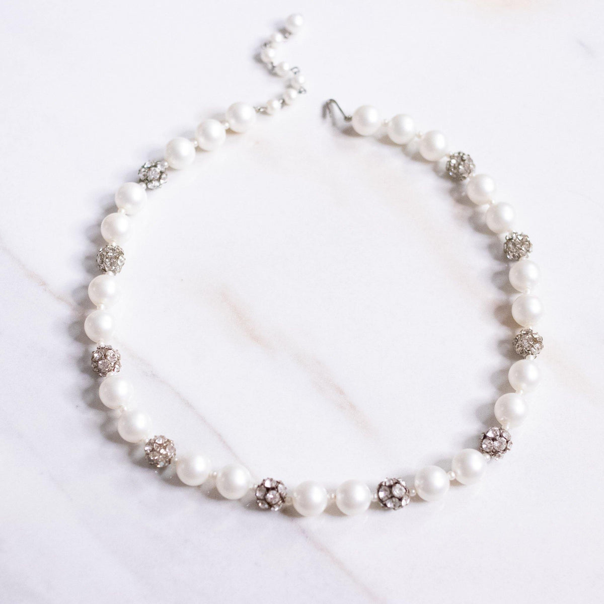 Vintage Faux Pearl and Rhinestone Beaded Ball Necklace