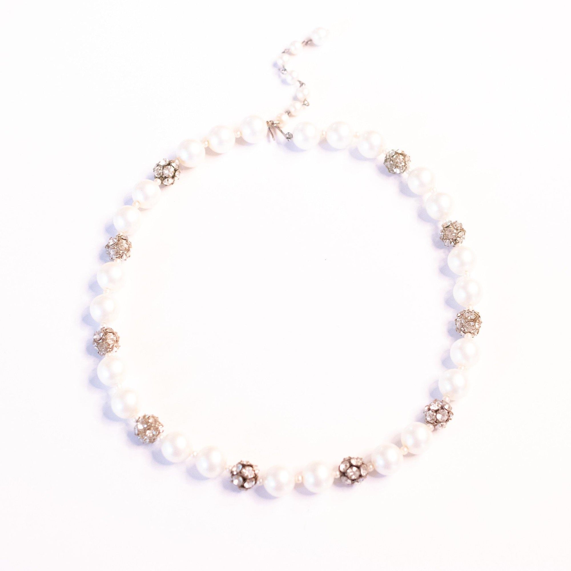 Vintage Faux Pearl and Rhinestone Beaded Ball Necklace by Unsigned Beauty - Vintage Meet Modern Vintage Jewelry - Chicago, Illinois - #oldhollywoodglamour #vintagemeetmodern #designervintage #jewelrybox #antiquejewelry #vintagejewelry