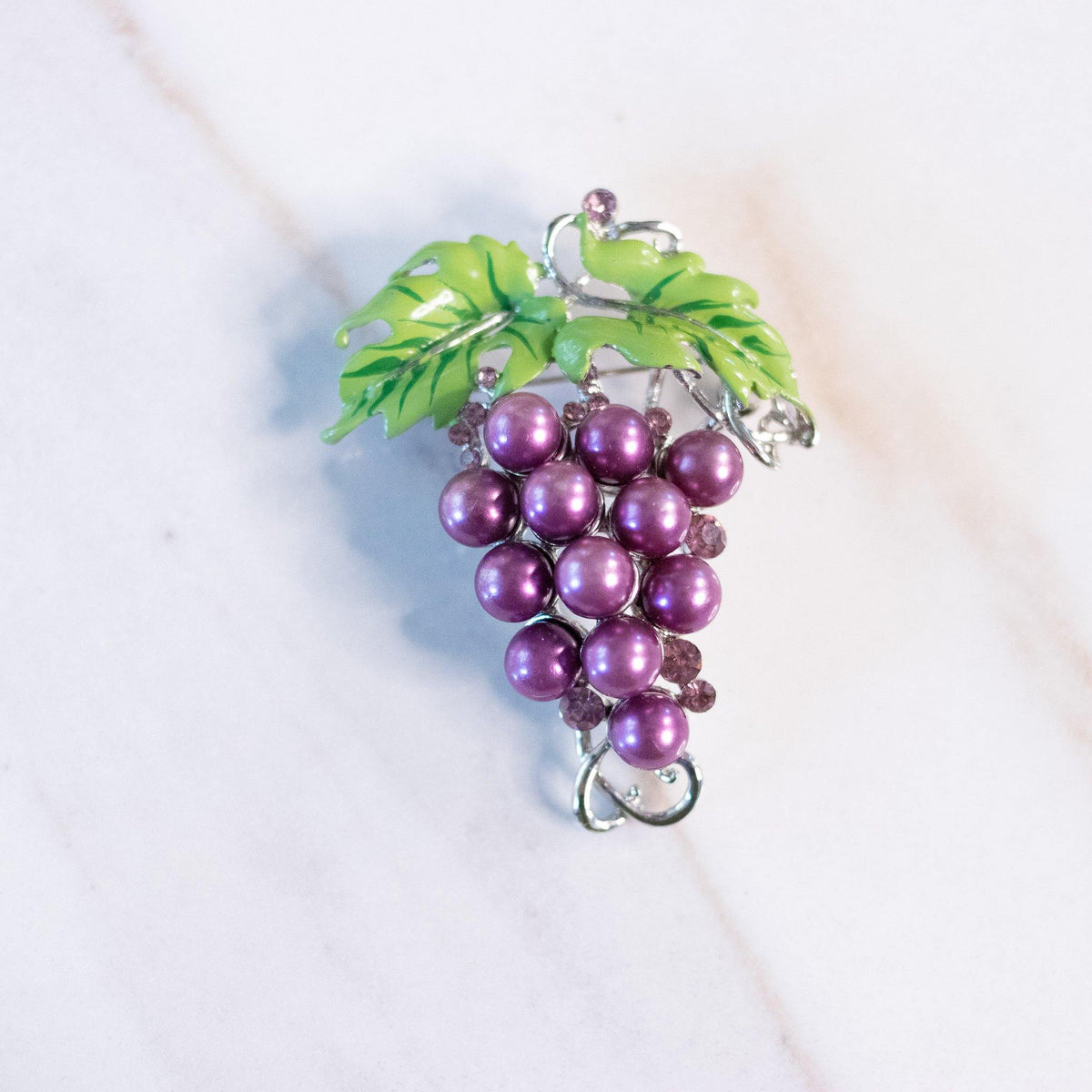 Vintage Grapes Brooch with Purple Pearls, Diamante Rhinestones, and Green Enamel Leaves