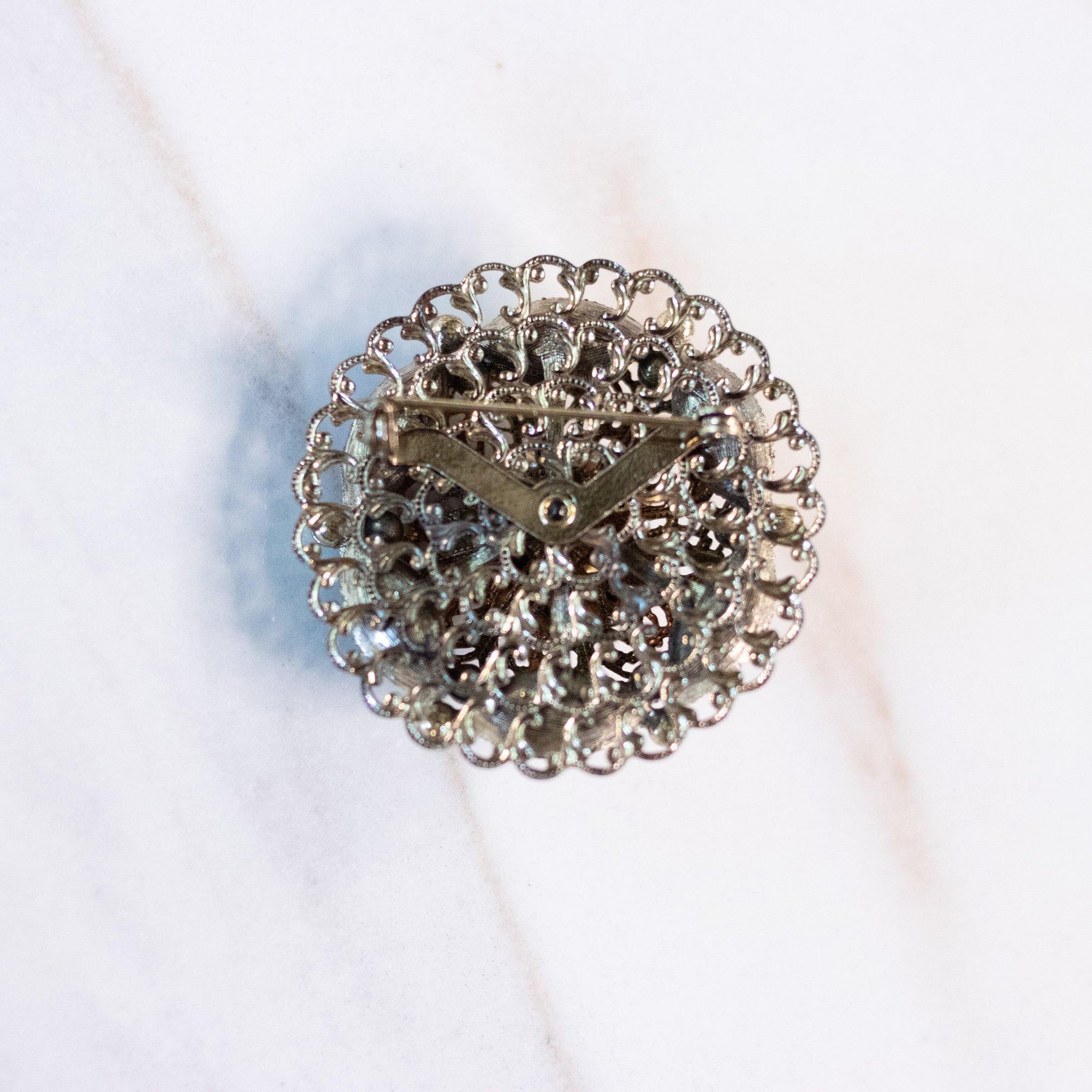 Vintage Green, Purple, and Orange Rhinestone Filigree Medallion Brooch by West Germany - Vintage Meet Modern Vintage Jewelry - Chicago, Illinois - #oldhollywoodglamour #vintagemeetmodern #designervintage #jewelrybox #antiquejewelry #vintagejewelry