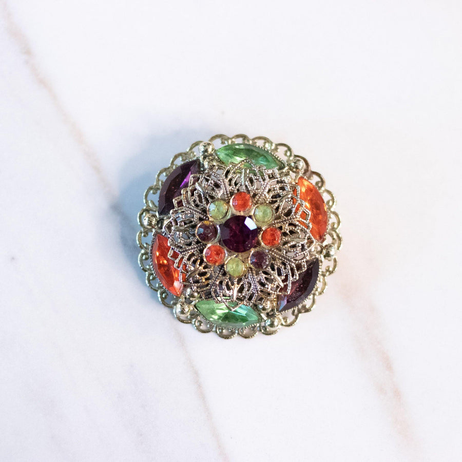 Vintage Green, Purple, and Orange Rhinestone Filigree Medallion Brooch by West Germany - Vintage Meet Modern Vintage Jewelry - Chicago, Illinois - #oldhollywoodglamour #vintagemeetmodern #designervintage #jewelrybox #antiquejewelry #vintagejewelry