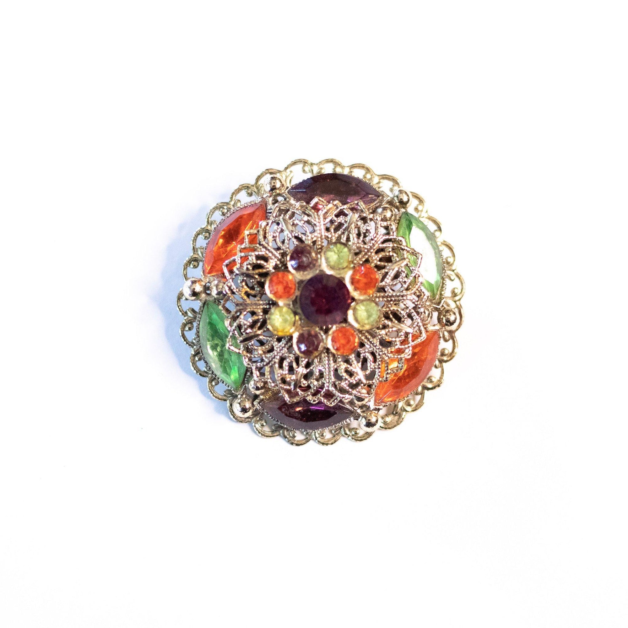 Vintage Green, Purple, and Orange Rhinestone Filigree Medallion Brooch by West Germany - Vintage Meet Modern Vintage Jewelry - Chicago, Illinois - #oldhollywoodglamour #vintagemeetmodern #designervintage #jewelrybox #antiquejewelry #vintagejewelry