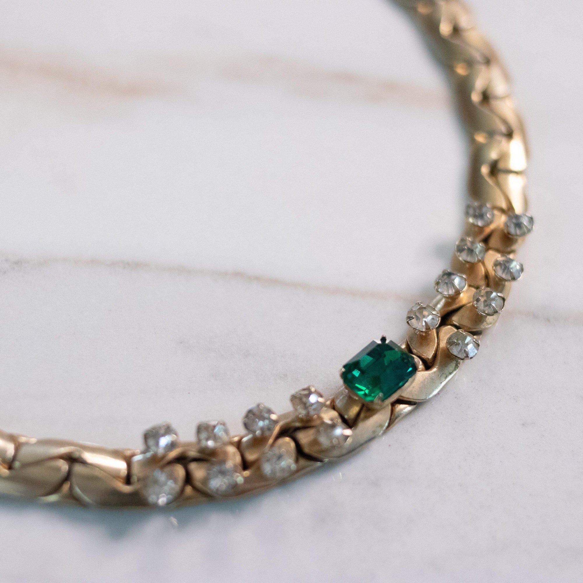 Vintage Kafin NY Gold Choker Necklace with Emerald and Diamante Rhinestones by Kafin NY - Vintage Meet Modern Vintage Jewelry - Chicago, Illinois - #oldhollywoodglamour #vintagemeetmodern #designervintage #jewelrybox #antiquejewelry #vintagejewelry