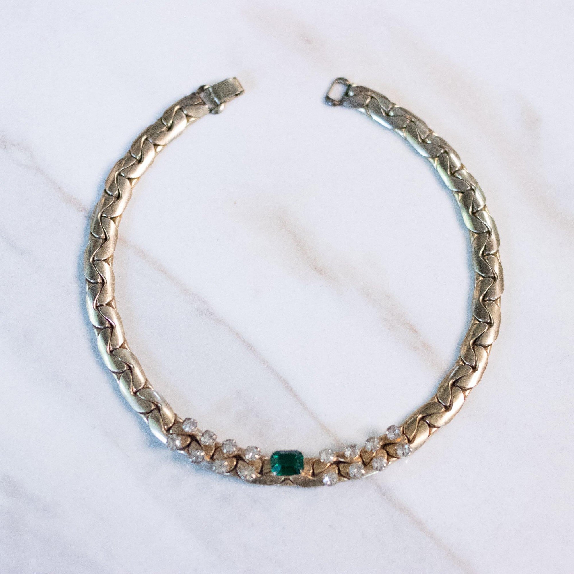 Vintage Kafin NY Gold Choker Necklace with Emerald and Diamante Rhinestones by Kafin NY - Vintage Meet Modern Vintage Jewelry - Chicago, Illinois - #oldhollywoodglamour #vintagemeetmodern #designervintage #jewelrybox #antiquejewelry #vintagejewelry