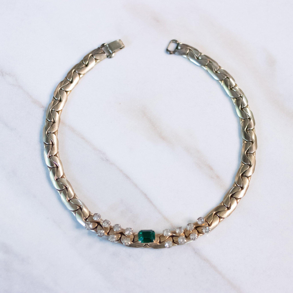 Vintage Kafin NY Gold Choker Necklace with Emerald and Diamante Rhinestones