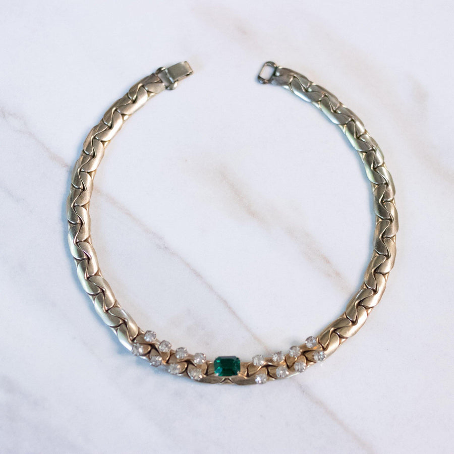 Vintage Kafin NY Gold Choker Necklace with Emerald and Diamante Rhinestones by Kafin NY - Vintage Meet Modern Vintage Jewelry - Chicago, Illinois - #oldhollywoodglamour #vintagemeetmodern #designervintage #jewelrybox #antiquejewelry #vintagejewelry