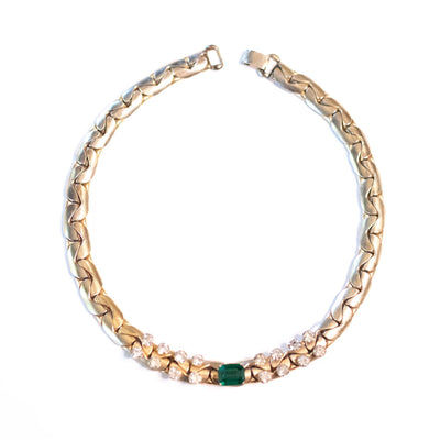 Vintage Kafin NY Gold Choker Necklace with Emerald and Diamante Rhinestones by Kafin NY - Vintage Meet Modern Vintage Jewelry - Chicago, Illinois - #oldhollywoodglamour #vintagemeetmodern #designervintage #jewelrybox #antiquejewelry #vintagejewelry