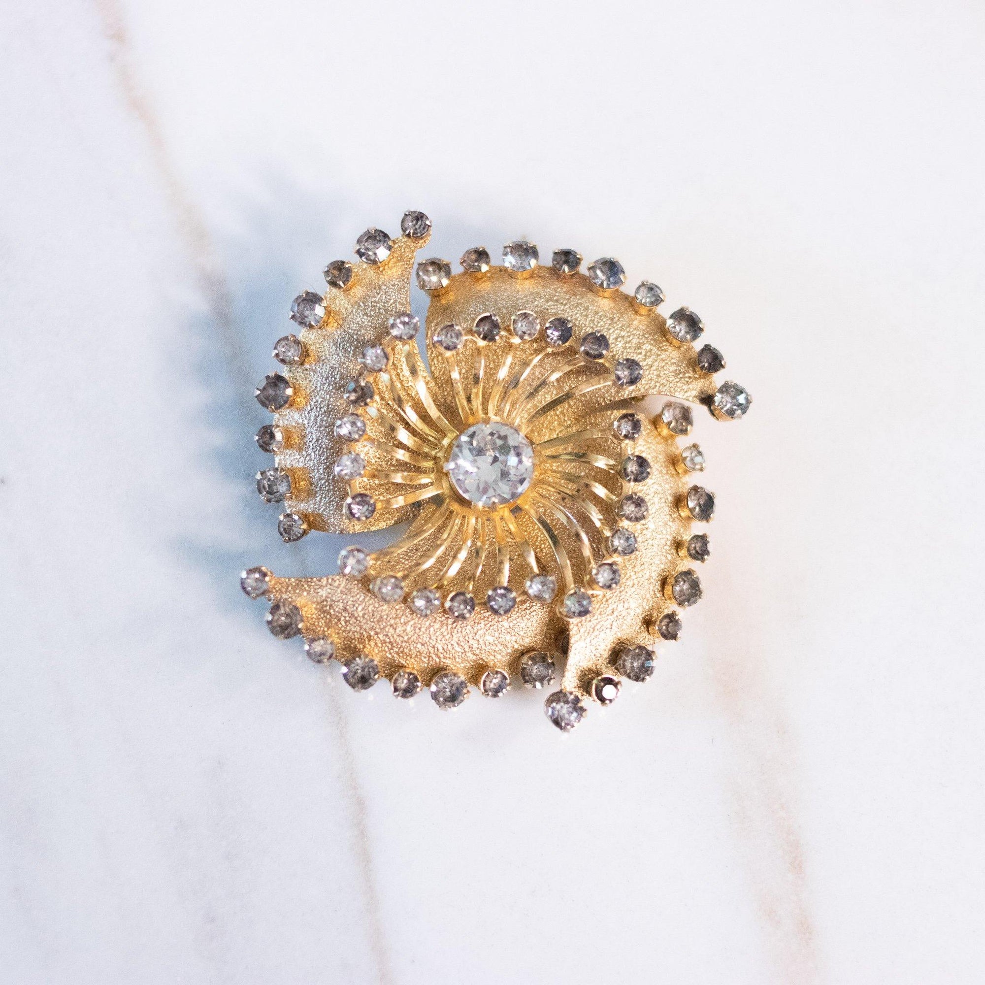 Vintage Kramer NY Smoked Rhinestone and Diamante Crystal Pinwheel Brooch by Kramer NY - Vintage Meet Modern Vintage Jewelry - Chicago, Illinois - #oldhollywoodglamour #vintagemeetmodern #designervintage #jewelrybox #antiquejewelry #vintagejewelry