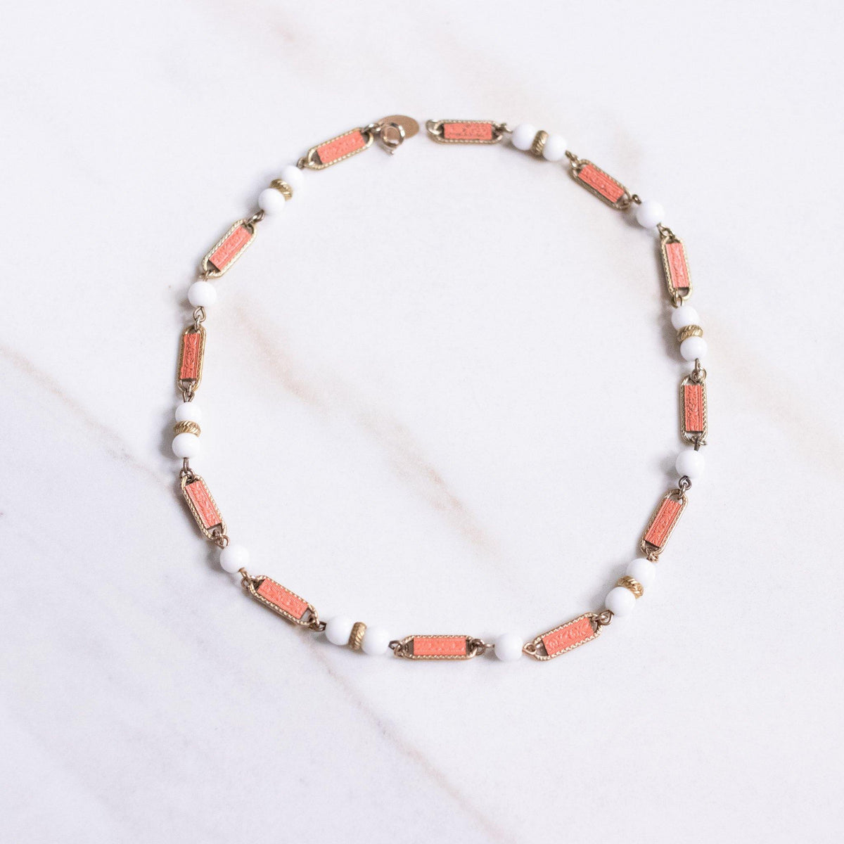 Vintage Les Bernard Victorian Revival Milk Glass and Bookchain Style Necklace