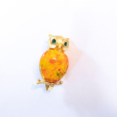 Vintage Mid Century Modern Owl Brooch with Orange Green Art Glass Cabochon Body and Emerald Crystal Eyes by Unsigned Beauty - Vintage Meet Modern Vintage Jewelry - Chicago, Illinois - #oldhollywoodglamour #vintagemeetmodern #designervintage #jewelrybox #antiquejewelry #vintagejewelry