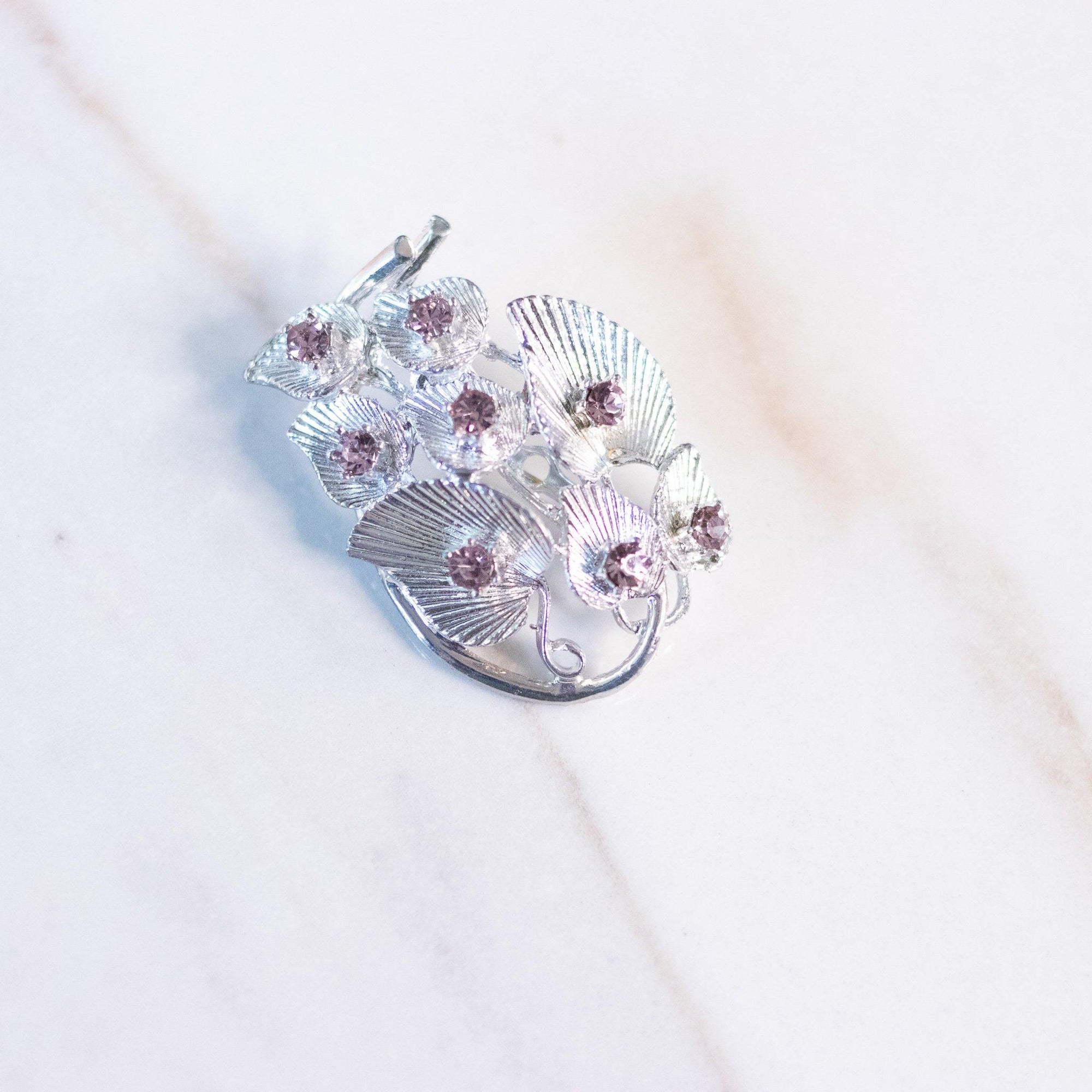 Vintage Mid Century Modern Silver Leaf Cluster Brooch with Lavender Rhinestones by Unsigned Beauty - Vintage Meet Modern Vintage Jewelry - Chicago, Illinois - #oldhollywoodglamour #vintagemeetmodern #designervintage #jewelrybox #antiquejewelry #vintagejewelry