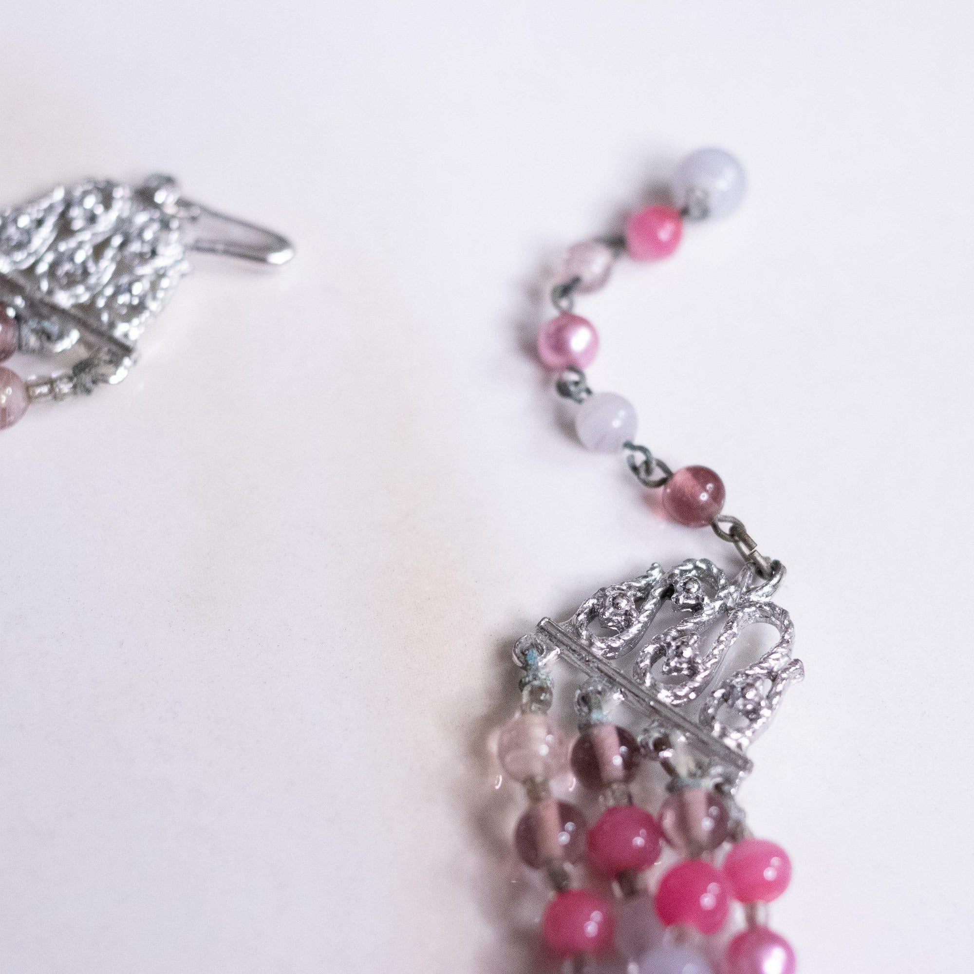 Vintage Pink Purple and Faux Pearl Four Strand Necklace by Made in Japan - Vintage Meet Modern Vintage Jewelry - Chicago, Illinois - #oldhollywoodglamour #vintagemeetmodern #designervintage #jewelrybox #antiquejewelry #vintagejewelry