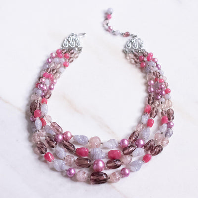 Vintage Pink Purple and Faux Pearl Four Strand Necklace by Made in Japan - Vintage Meet Modern Vintage Jewelry - Chicago, Illinois - #oldhollywoodglamour #vintagemeetmodern #designervintage #jewelrybox #antiquejewelry #vintagejewelry
