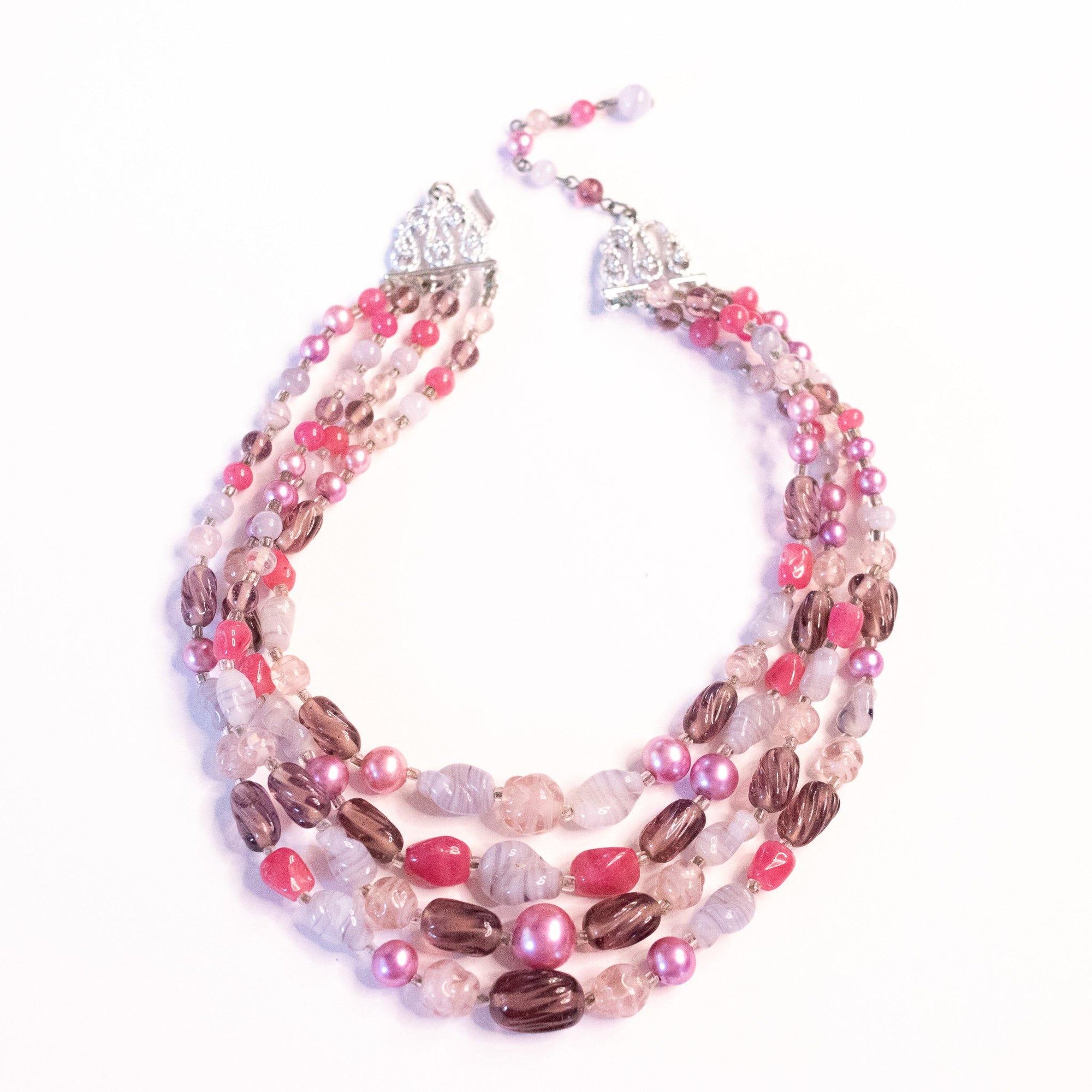 Vintage Pink Purple and Faux Pearl Four Strand Necklace by Made in Japan - Vintage Meet Modern Vintage Jewelry - Chicago, Illinois - #oldhollywoodglamour #vintagemeetmodern #designervintage #jewelrybox #antiquejewelry #vintagejewelry