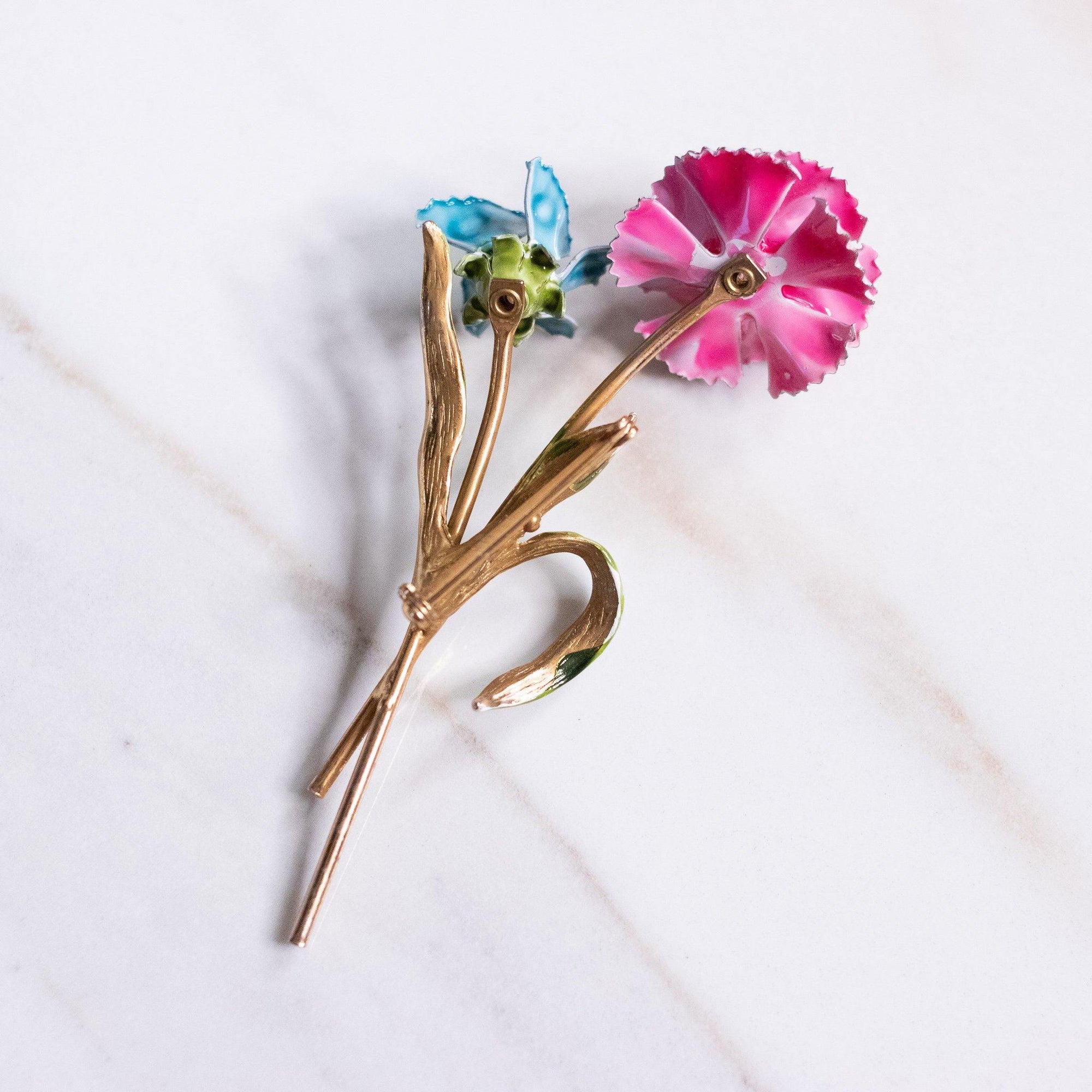 Vintage Pink and Blue Carnation Painted Enamel Brooch by Unsigned Beauty - Vintage Meet Modern Vintage Jewelry - Chicago, Illinois - #oldhollywoodglamour #vintagemeetmodern #designervintage #jewelrybox #antiquejewelry #vintagejewelry