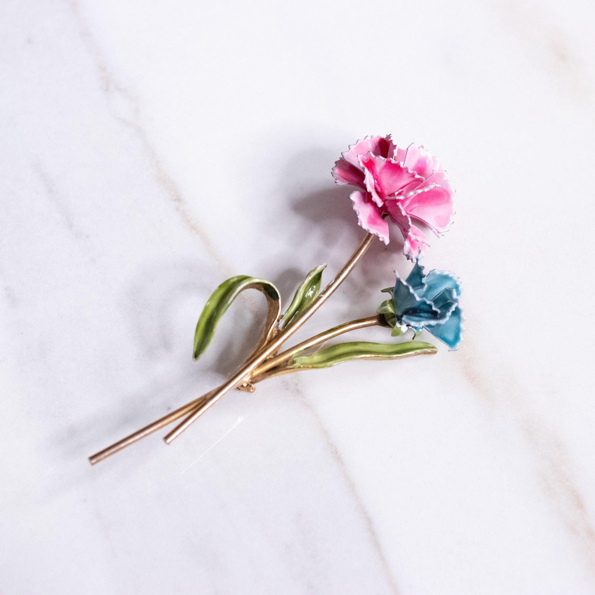 Vintage Pink and Blue Carnation Painted Enamel Brooch by Unsigned Beauty - Vintage Meet Modern Vintage Jewelry - Chicago, Illinois - #oldhollywoodglamour #vintagemeetmodern #designervintage #jewelrybox #antiquejewelry #vintagejewelry