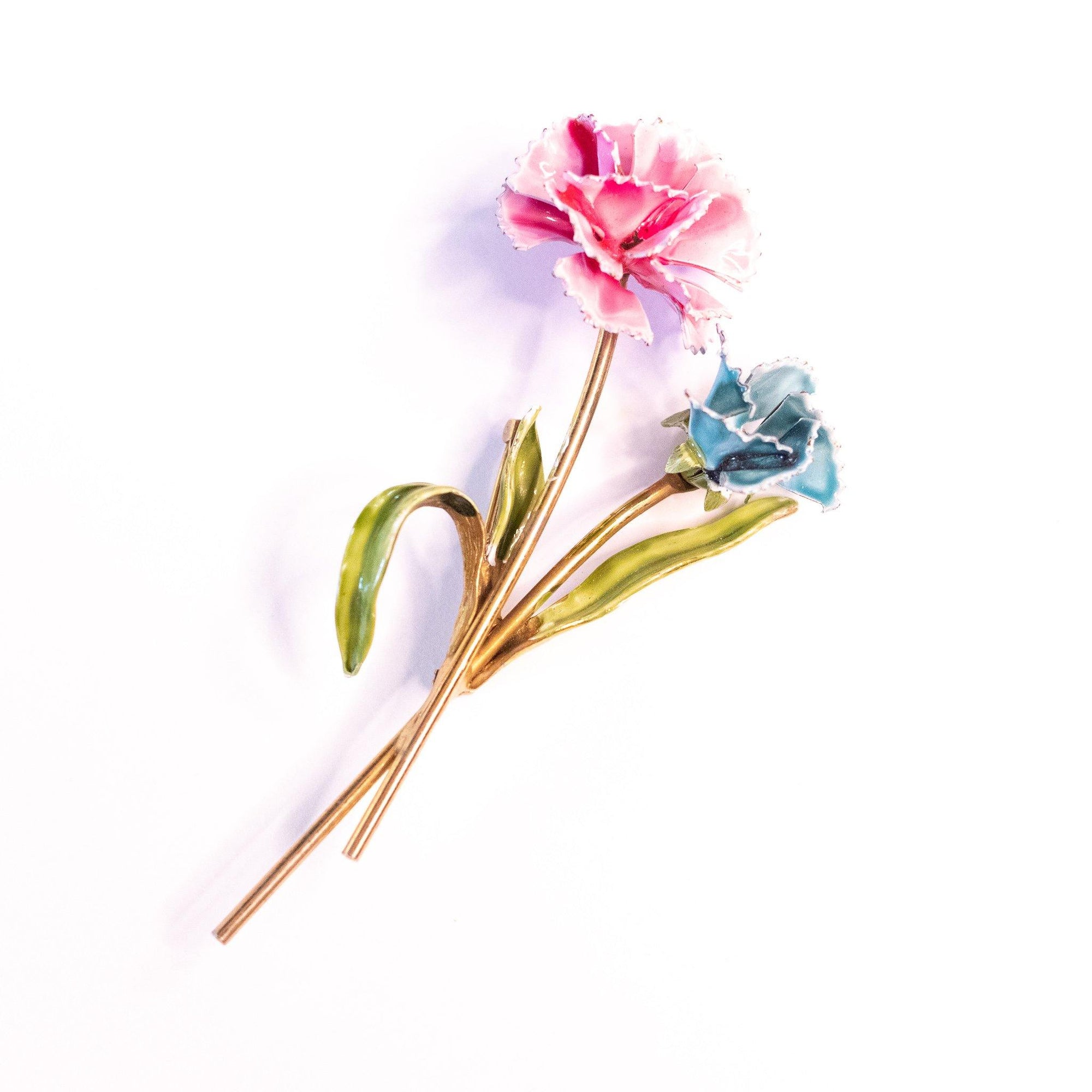 Vintage Pink and Blue Carnation Painted Enamel Brooch by Unsigned Beauty - Vintage Meet Modern Vintage Jewelry - Chicago, Illinois - #oldhollywoodglamour #vintagemeetmodern #designervintage #jewelrybox #antiquejewelry #vintagejewelry