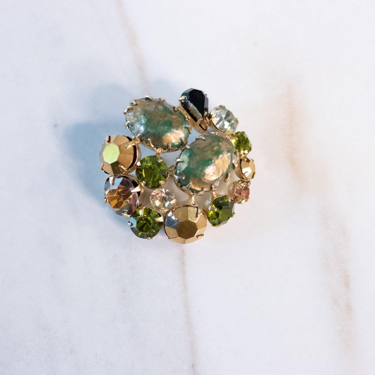 Vintage Regency Green Pearl and Gold Rhinestone Brooch