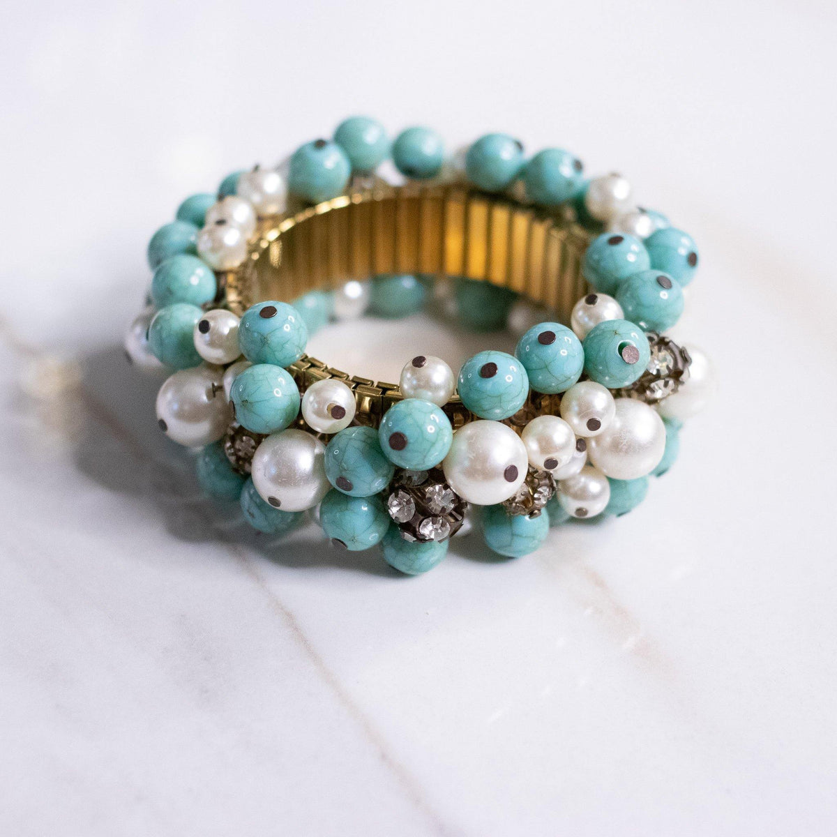 Vintage Retro Turquoise and Faux Pearl Loaded Cha Cha Beaded Expansion Bracelet