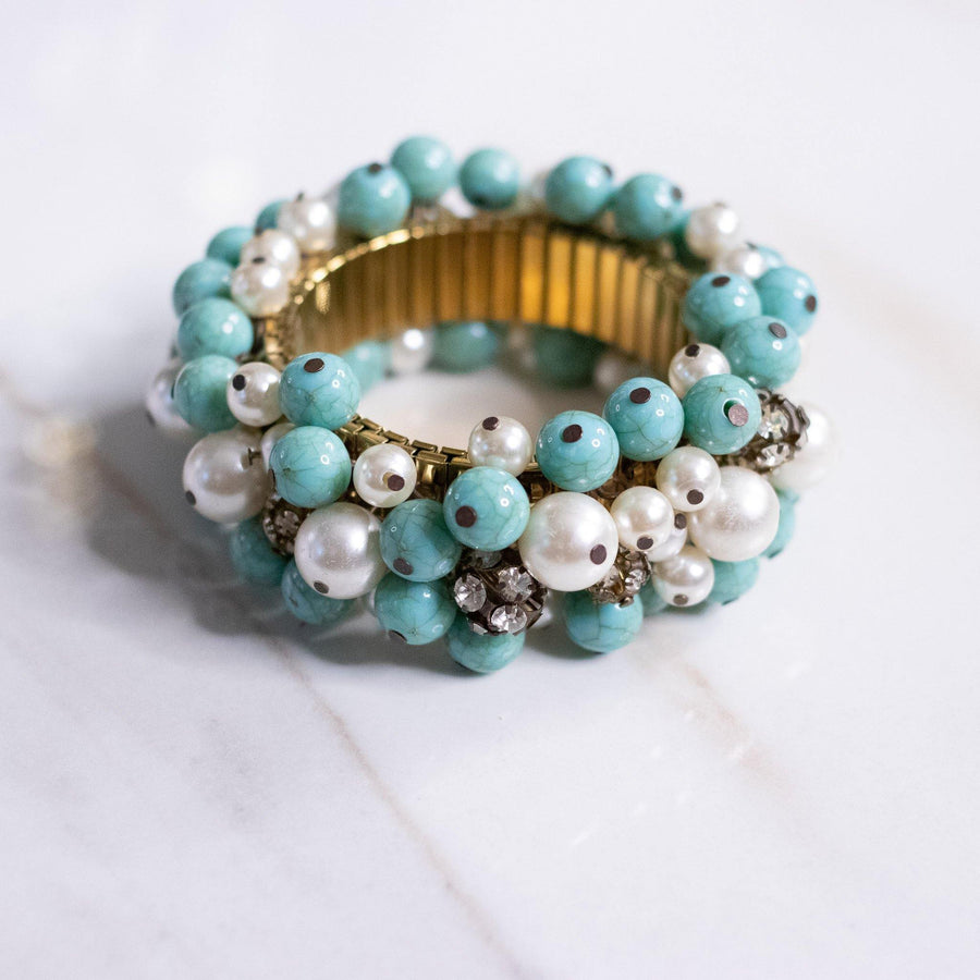 Vintage Retro Turquoise and Faux Pearl Loaded Cha Cha Beaded Expansion Bracelet by Unsigned Beauty - Vintage Meet Modern Vintage Jewelry - Chicago, Illinois - #oldhollywoodglamour #vintagemeetmodern #designervintage #jewelrybox #antiquejewelry #vintagejewelry