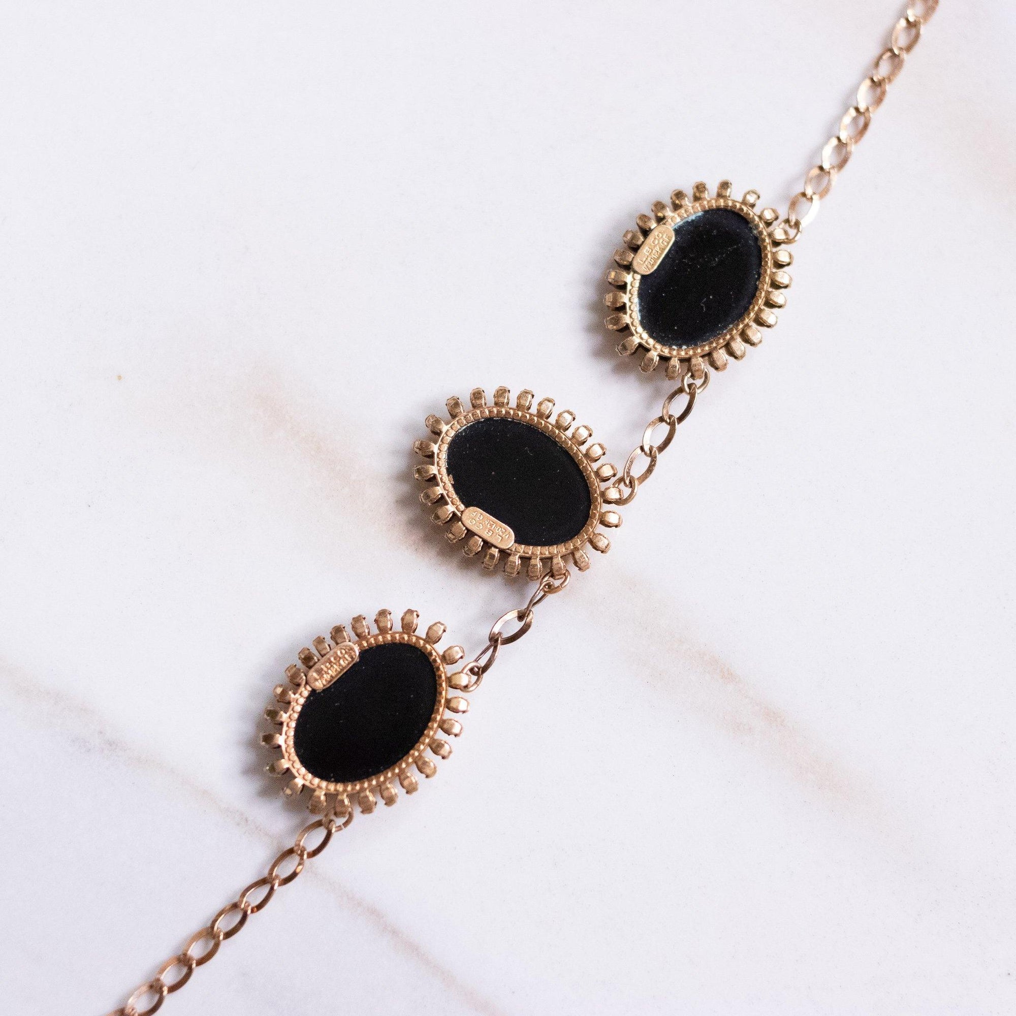 Vintage Victorian Era Etched Onyx Floral Necklace by L.B. Co. - Vintage Meet Modern Vintage Jewelry - Chicago, Illinois - #oldhollywoodglamour #vintagemeetmodern #designervintage #jewelrybox #antiquejewelry #vintagejewelry