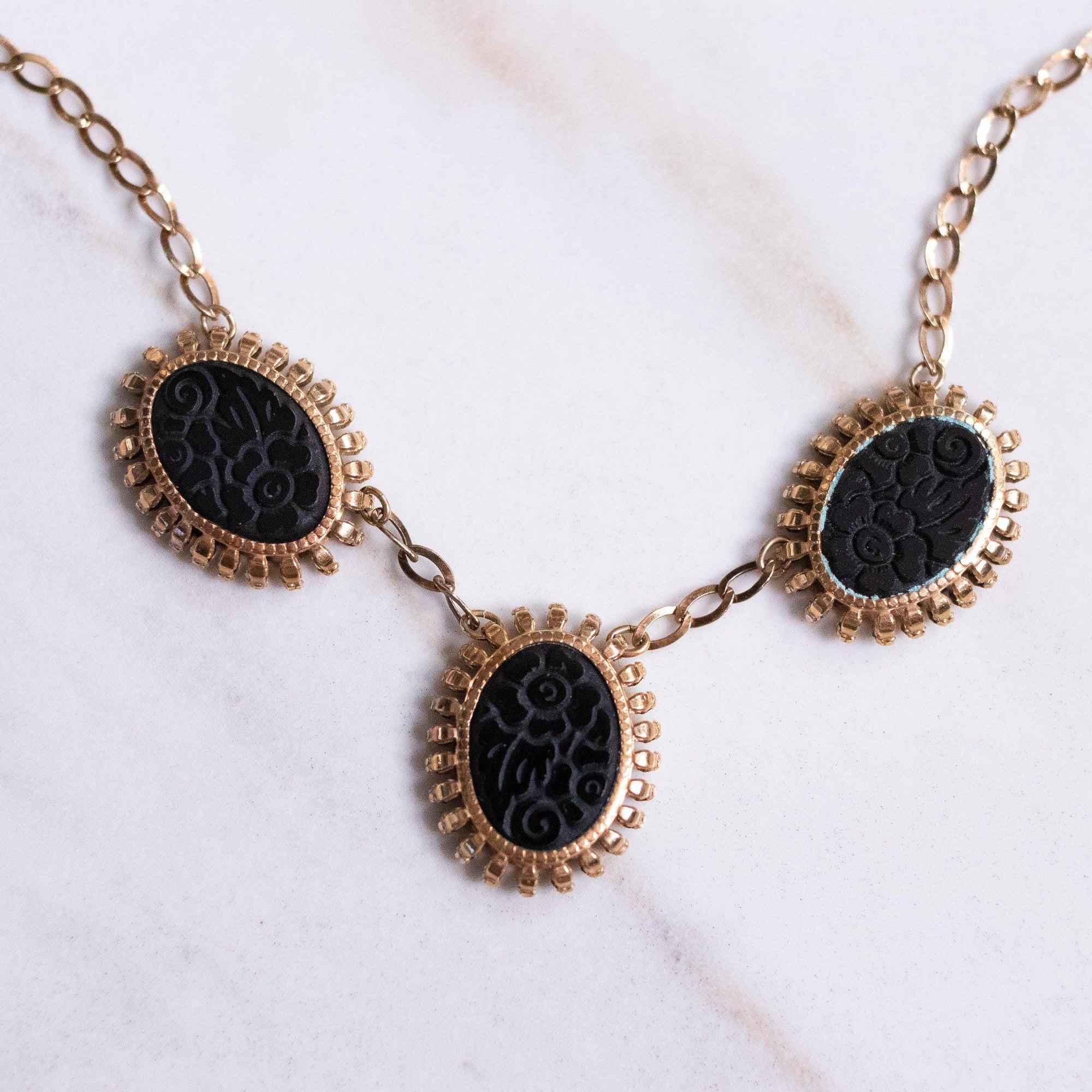 Vintage Victorian Era Etched Onyx Floral Necklace by L.B. Co. - Vintage Meet Modern Vintage Jewelry - Chicago, Illinois - #oldhollywoodglamour #vintagemeetmodern #designervintage #jewelrybox #antiquejewelry #vintagejewelry