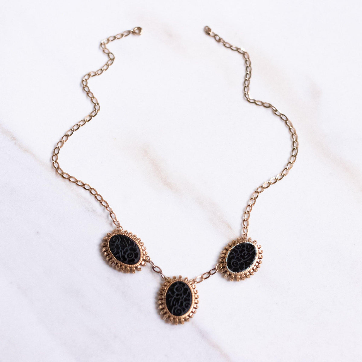 Vintage Victorian Era Etched Onyx Floral Necklace