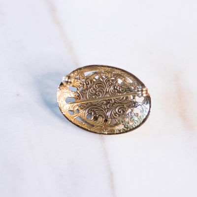 Vintage Victorian Inspired Gold Oval Brooch with Lucite Cabochon by Unsigned Beauty - Vintage Meet Modern Vintage Jewelry - Chicago, Illinois - #oldhollywoodglamour #vintagemeetmodern #designervintage #jewelrybox #antiquejewelry #vintagejewelry