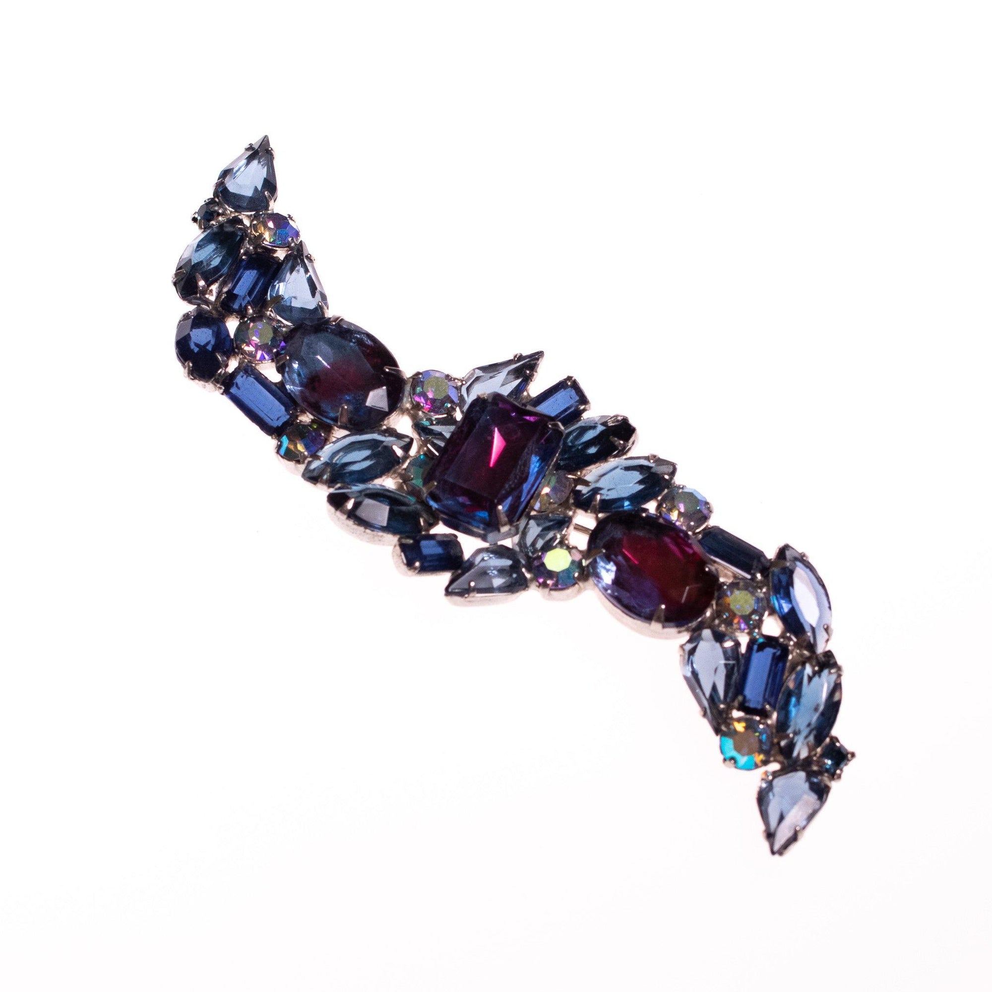 Vintage Juliana Large East West Style Blue and Purple Rhinestone Statement Brooch by Vintage Meet Modern - Vintage Meet Modern Vintage Jewelry - Chicago, Illinois - #oldhollywoodglamour #vintagemeetmodern #designervintage #jewelrybox #antiquejewelry #vintagejewelry
