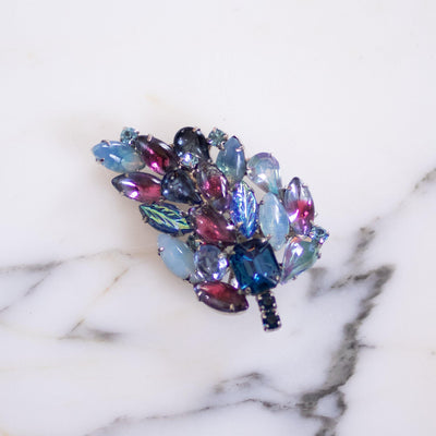 Vintage Blue and Rhinestone Leaf Brooch by Unsigned Beauty - Vintage Meet Modern Vintage Jewelry - Chicago, Illinois - #oldhollywoodglamour #vintagemeetmodern #designervintage #jewelrybox #antiquejewelry #vintagejewelry