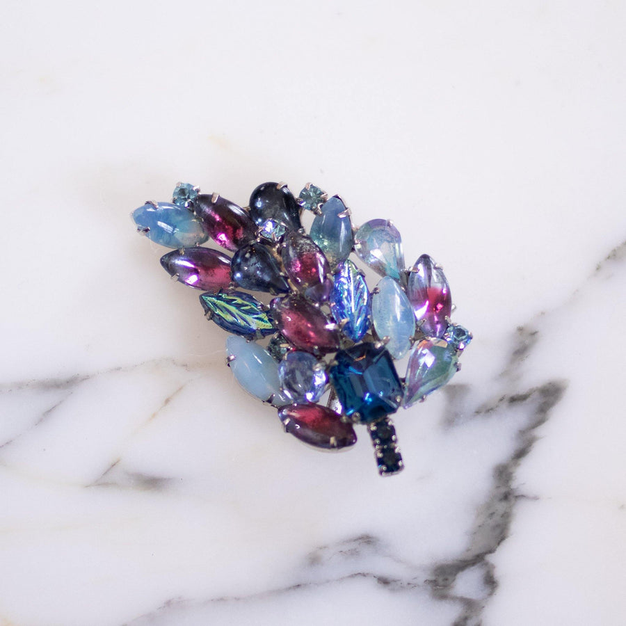 Vintage Blue and Rhinestone Leaf Brooch by Unsigned Beauty - Vintage Meet Modern Vintage Jewelry - Chicago, Illinois - #oldhollywoodglamour #vintagemeetmodern #designervintage #jewelrybox #antiquejewelry #vintagejewelry