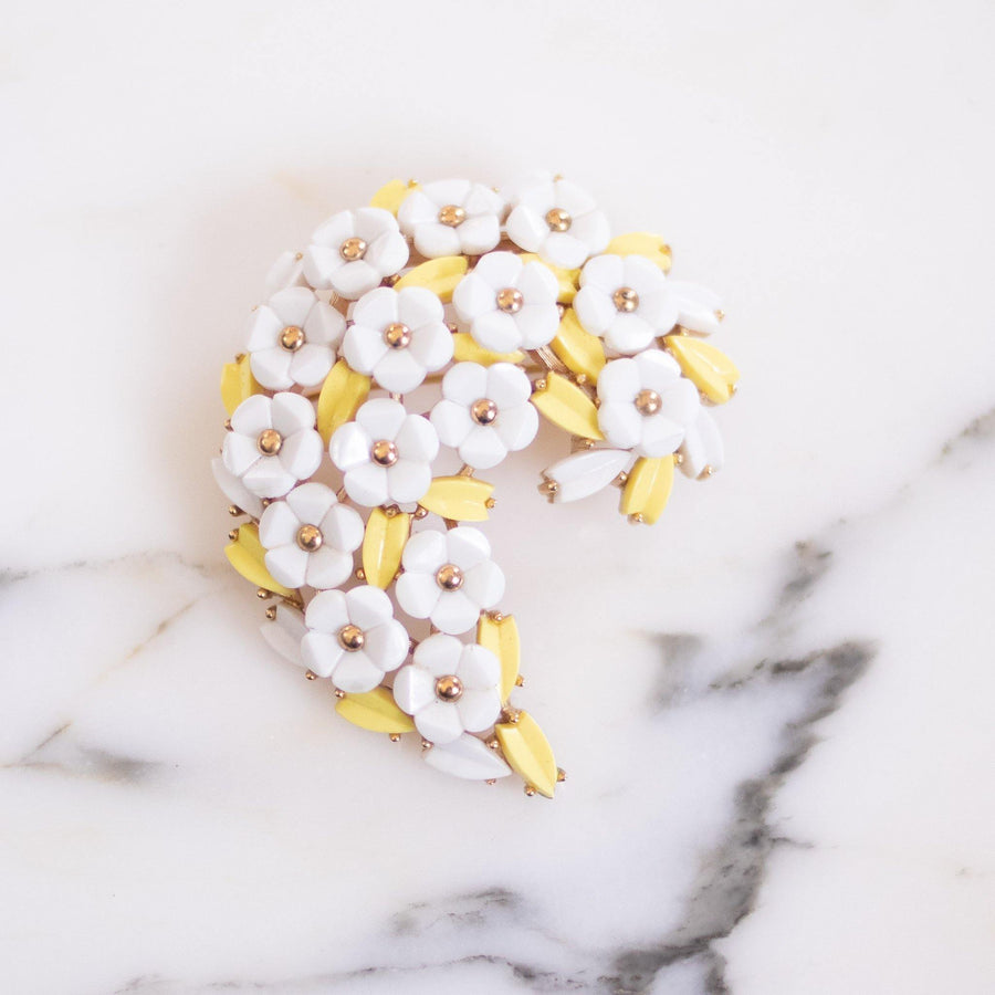 Vintage Crown Trifari White Flower and Yellow Leaf Brooch by Crown Trifari - Vintage Meet Modern Vintage Jewelry - Chicago, Illinois - #oldhollywoodglamour #vintagemeetmodern #designervintage #jewelrybox #antiquejewelry #vintagejewelry