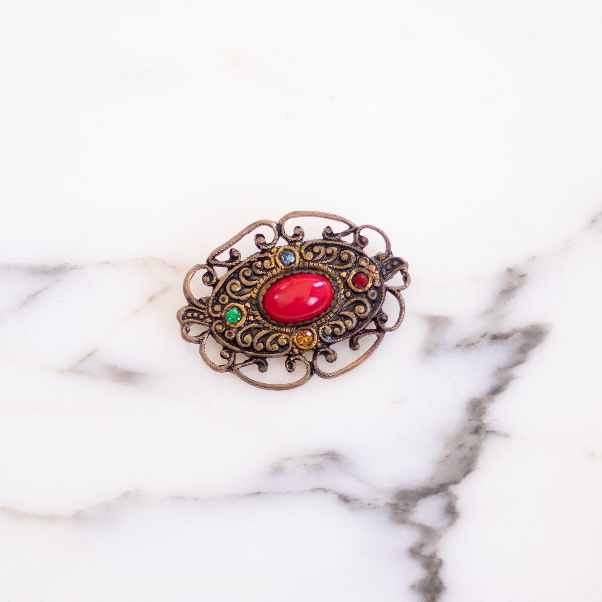 Vintage Czech Brooch with Red Cabochon and Royal Colored Rhinestones