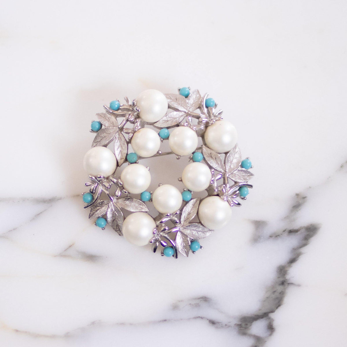 Vintage Sarah Coventry Faux Pearl and Turquoise Bead Brooch