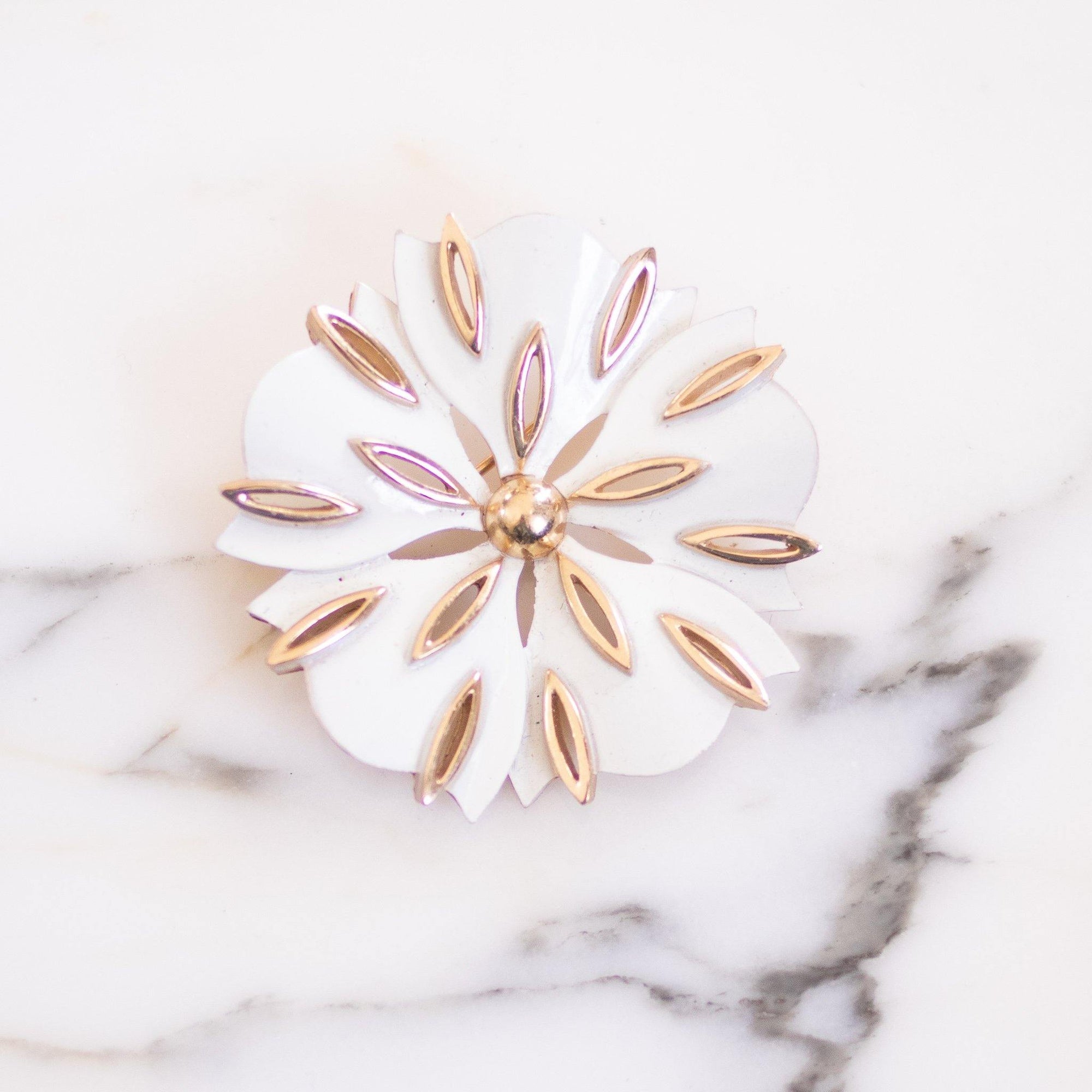 Vintage Crown Trifari White and Gold Flower Brooch by Crown Trifari - Vintage Meet Modern Vintage Jewelry - Chicago, Illinois - #oldhollywoodglamour #vintagemeetmodern #designervintage #jewelrybox #antiquejewelry #vintagejewelry
