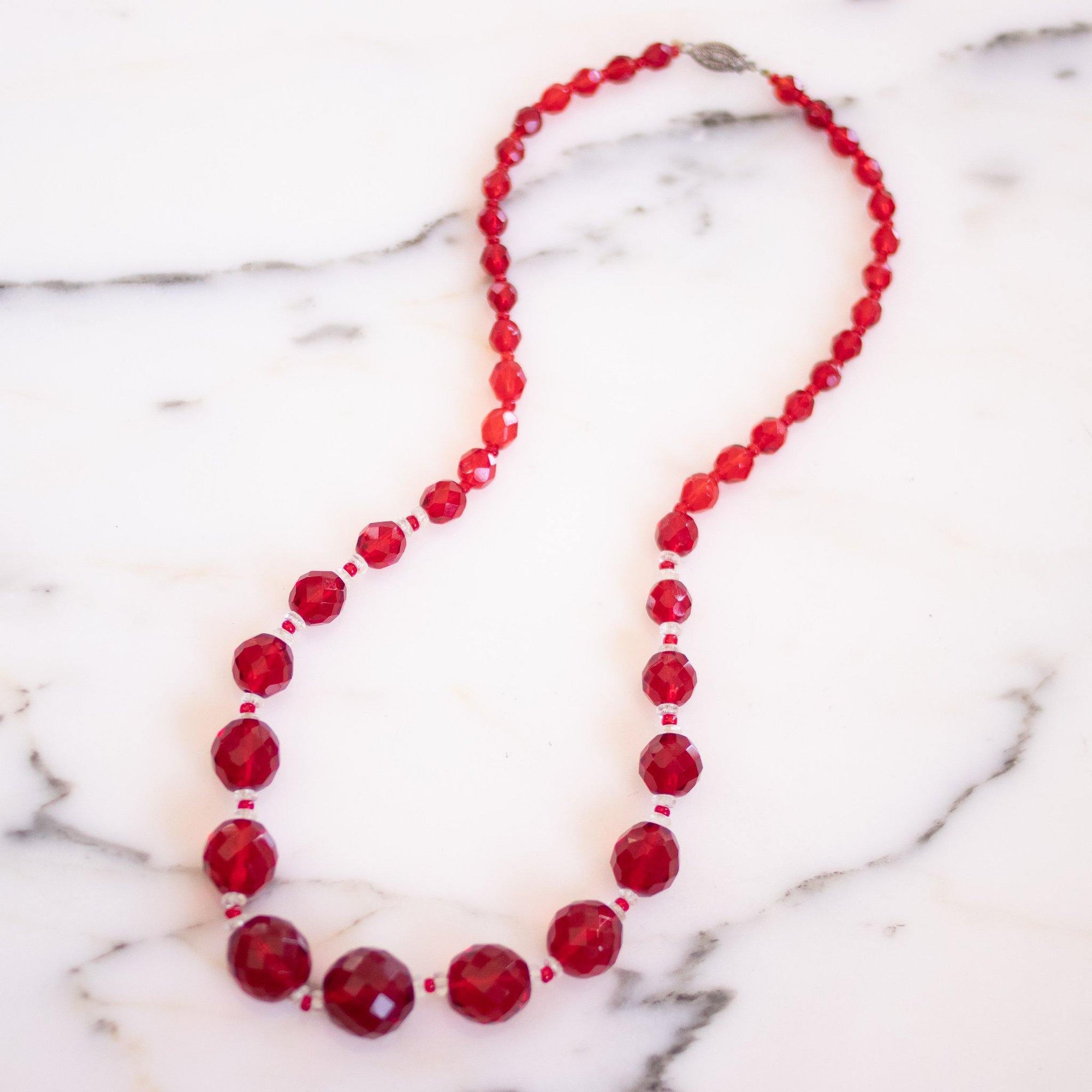 Vintage Art Deco Era Czech Red and Clear Cut Faceted Crystal Bead Necklace by Czech - Vintage Meet Modern Vintage Jewelry - Chicago, Illinois - #oldhollywoodglamour #vintagemeetmodern #designervintage #jewelrybox #antiquejewelry #vintagejewelry