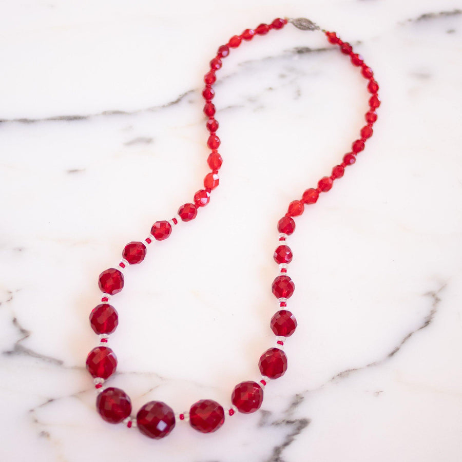 Vintage Art Deco Era Czech Red and Clear Cut Faceted Crystal Bead Necklace by Czech - Vintage Meet Modern Vintage Jewelry - Chicago, Illinois - #oldhollywoodglamour #vintagemeetmodern #designervintage #jewelrybox #antiquejewelry #vintagejewelry